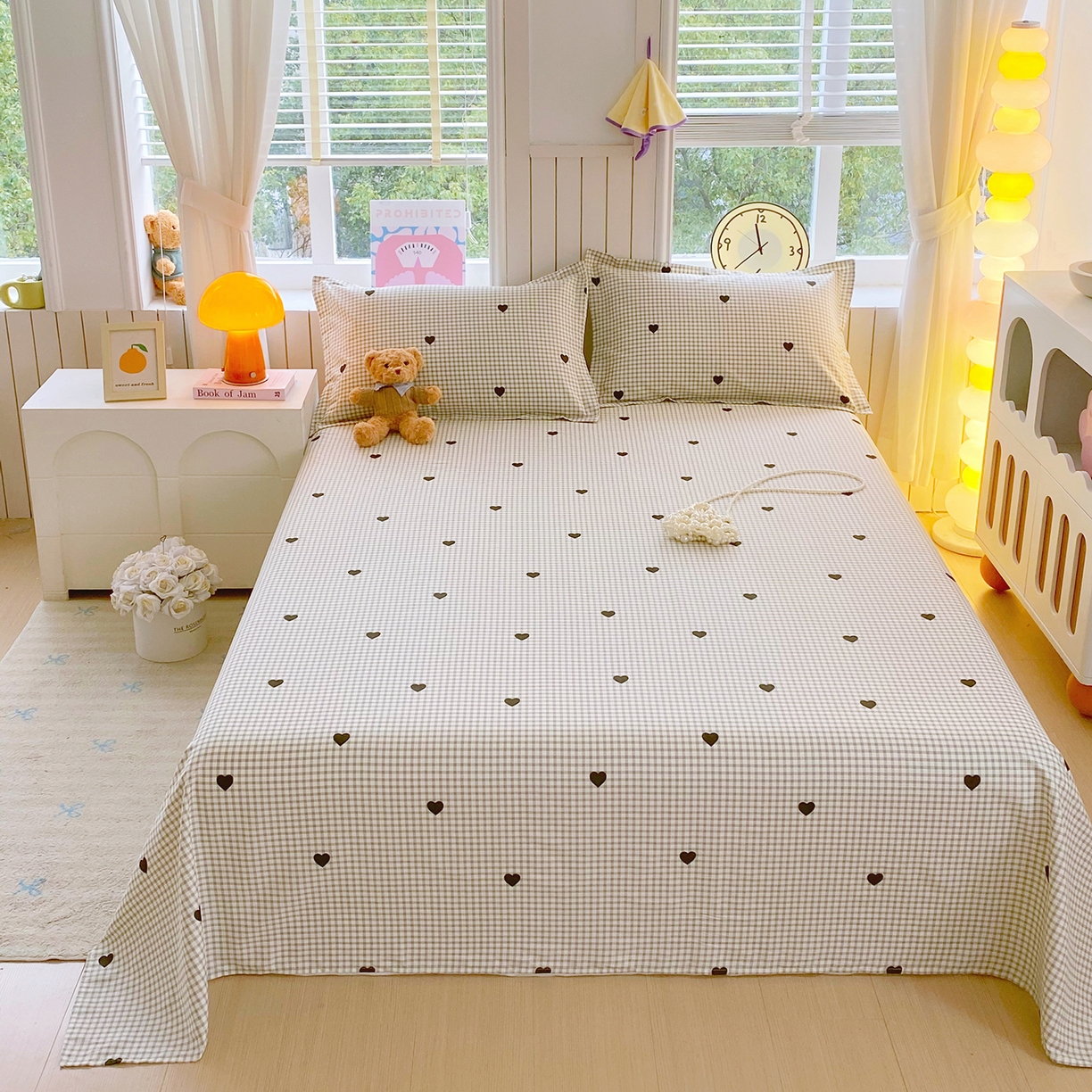 91家纺网 家纺一手货源 找家纺 金丝兔 2026新款纯棉印花单品床单系列 格子爱心