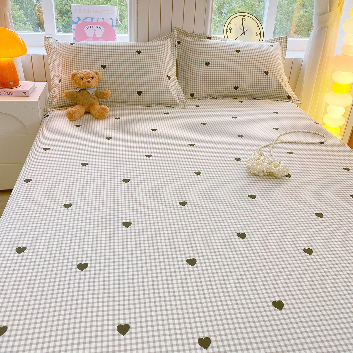 91家纺网 家纺一手货源 找家纺 金丝兔 2026新款纯棉印花单品床单系列 格子爱心