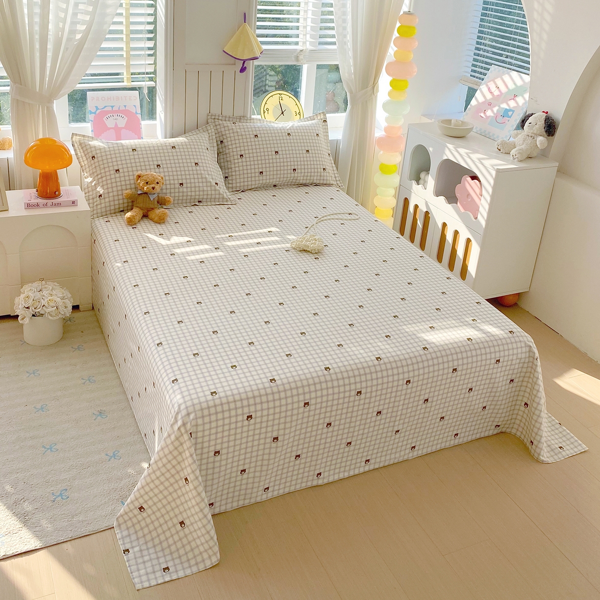 91家纺网 家纺一手货源 找家纺 金丝兔 2026新款纯棉印花单品床单系列 格子熊