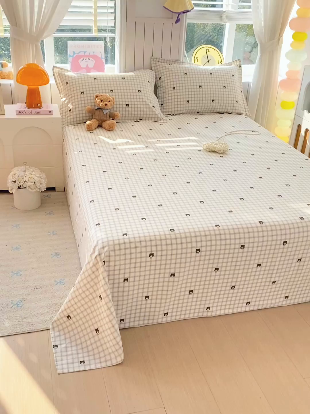 91家纺网 家纺一手货源 找家纺 金丝兔 2026新款纯棉印花单品床单系列 格子熊