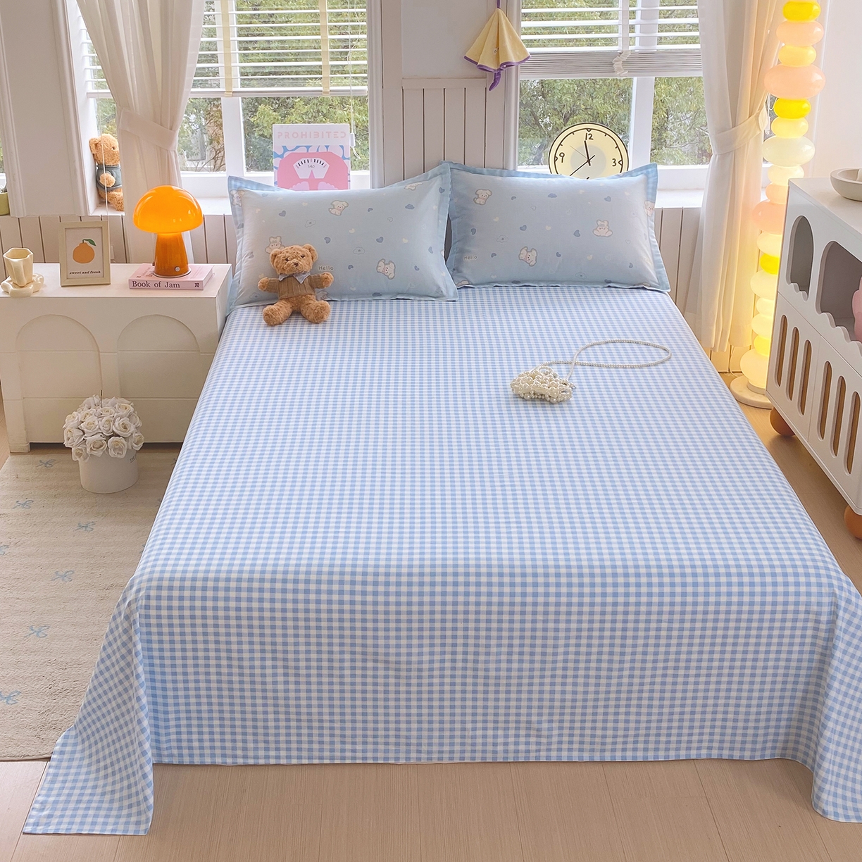 91家纺网 家纺一手货源 找家纺 金丝兔 2026新款纯棉印花单品床单系列 蓝小格