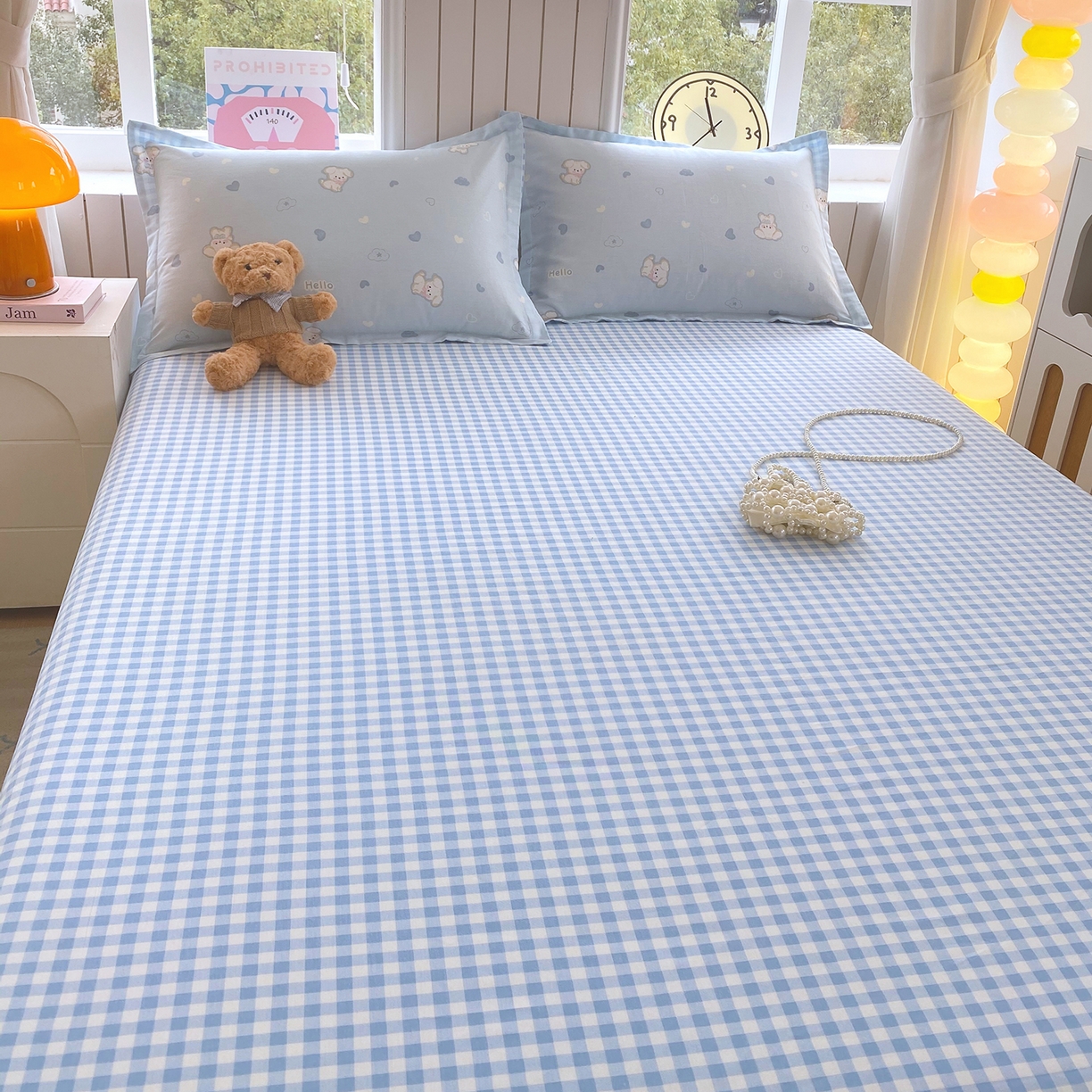 91家纺网 家纺一手货源 找家纺 金丝兔 2026新款纯棉印花单品床单系列 蓝小格