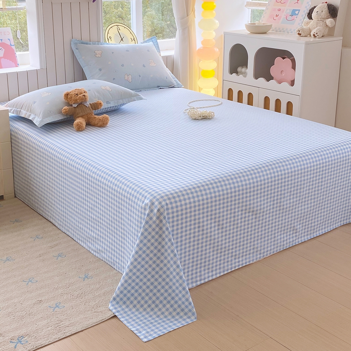 91家纺网 家纺一手货源 找家纺 金丝兔 2026新款纯棉印花单品床单系列 蓝小格