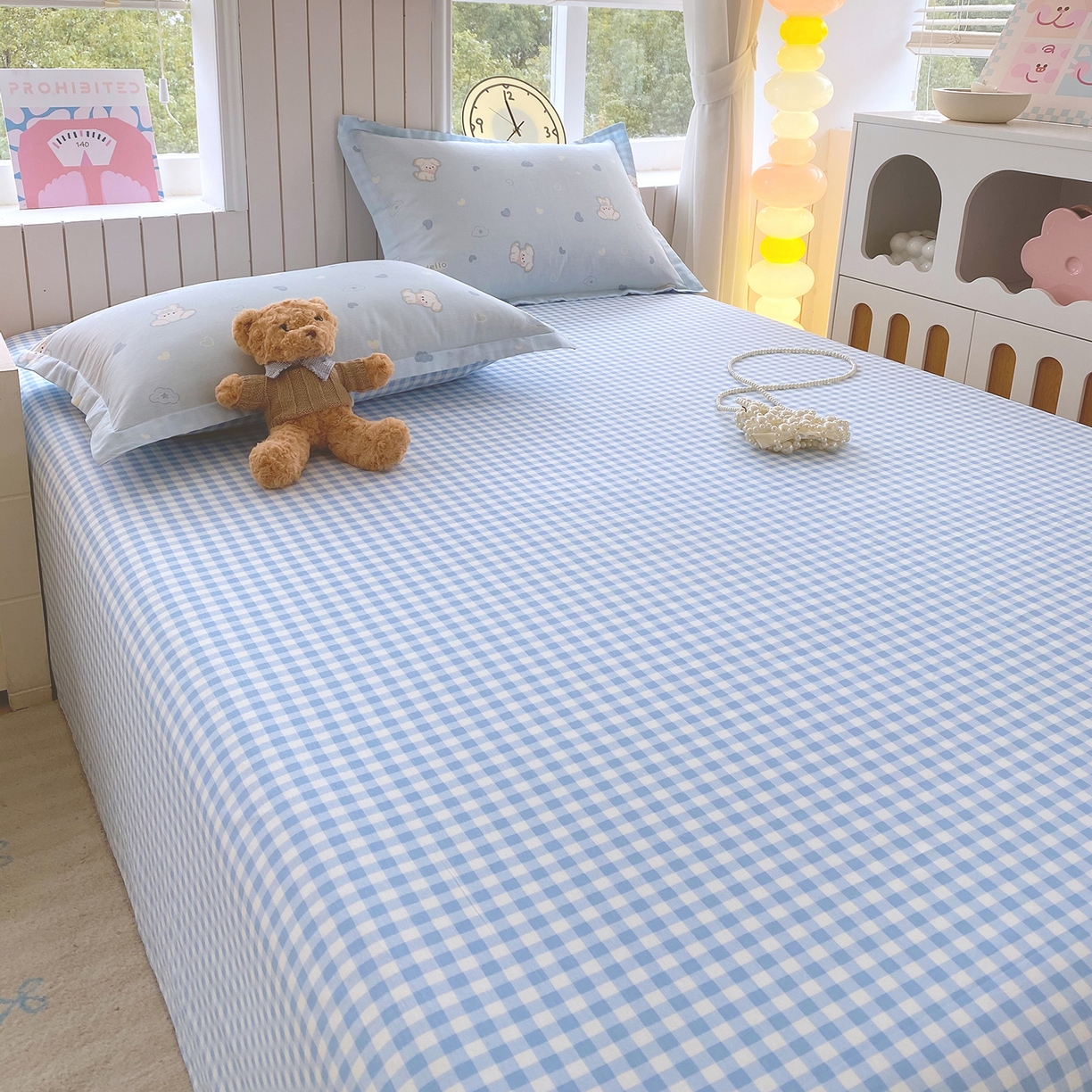 91家纺网 家纺一手货源 找家纺 金丝兔 2026新款纯棉印花单品床单系列 蓝小格