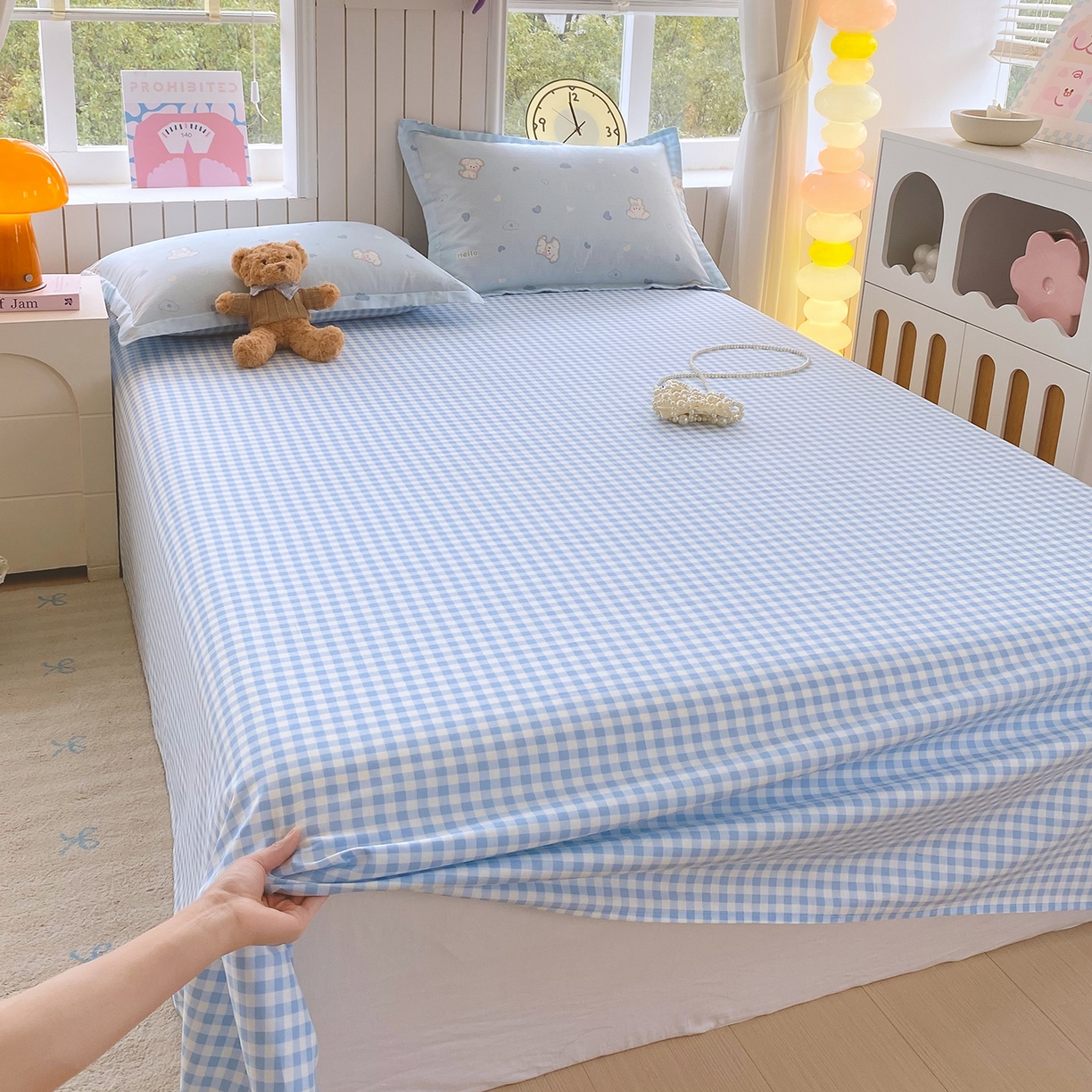 91家纺网 家纺一手货源 找家纺 金丝兔 2026新款纯棉印花单品床单系列 蓝小格