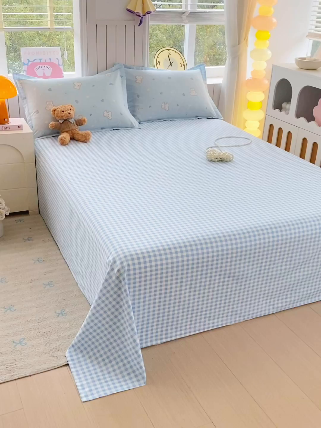 91家纺网 家纺一手货源 找家纺 金丝兔 2026新款纯棉印花单品床单系列 蓝小格