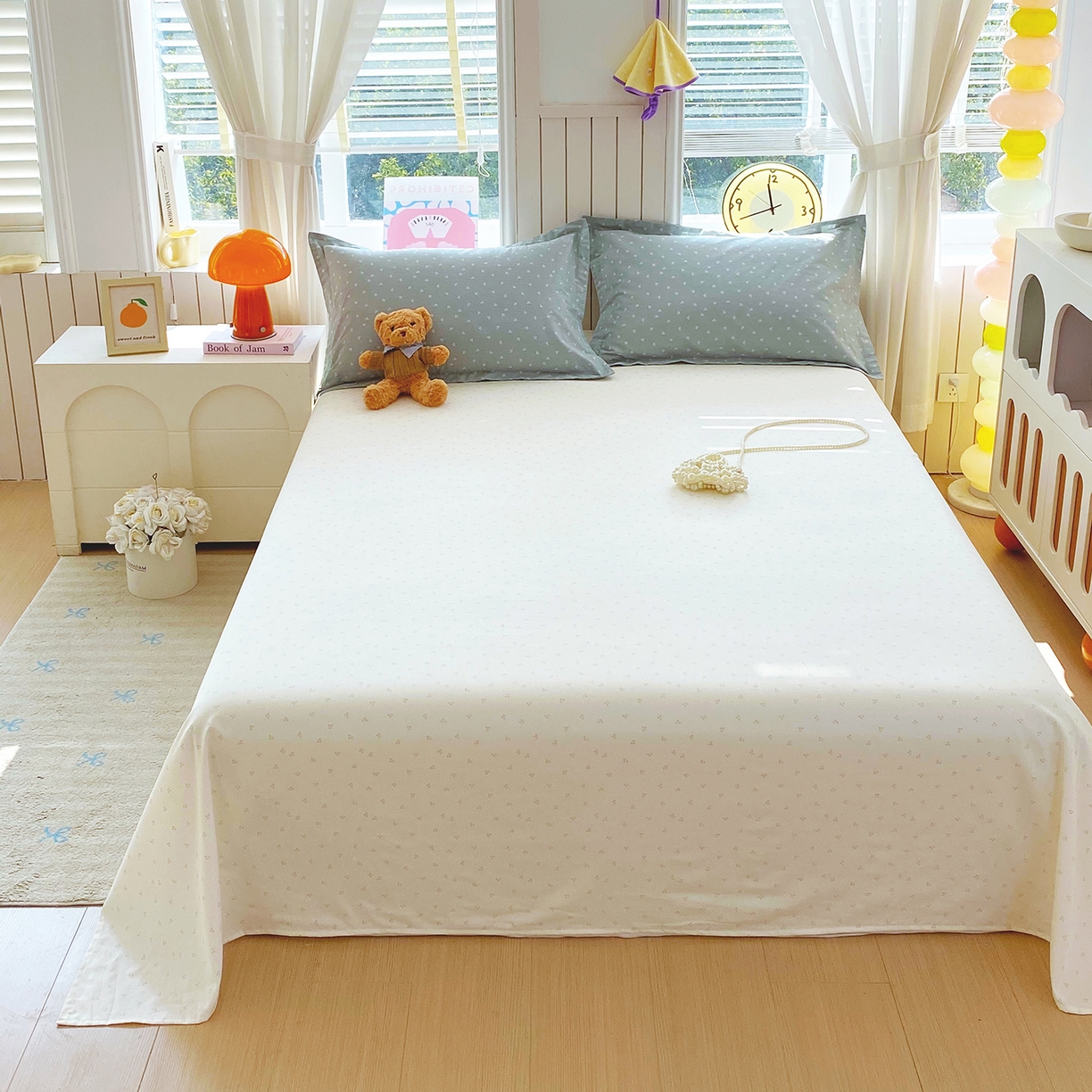 91家纺网 家纺一手货源 找家纺 金丝兔 2026新款纯棉印花单品床单系列 奶蓝樱桃