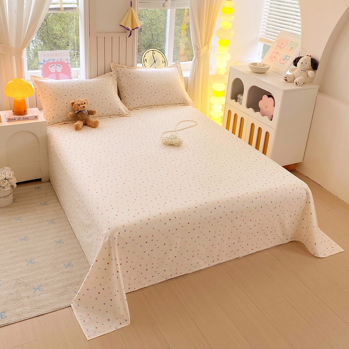 91家纺网 家纺一手货源 找家纺 金丝兔 2026新款纯棉印花单品床单系列 奶油波点