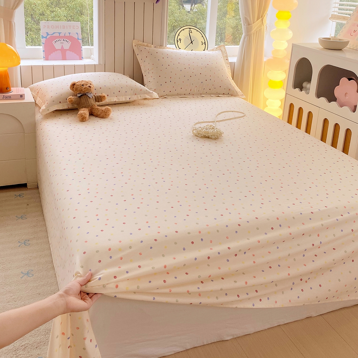 91家纺网 家纺一手货源 找家纺 金丝兔 2026新款纯棉印花单品床单系列 奶油波点