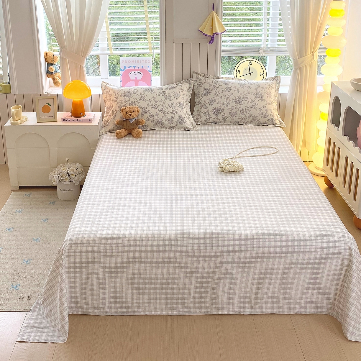 91家纺网 家纺一手货源 找家纺 金丝兔 2026新款纯棉印花单品床单系列 时尚灰格