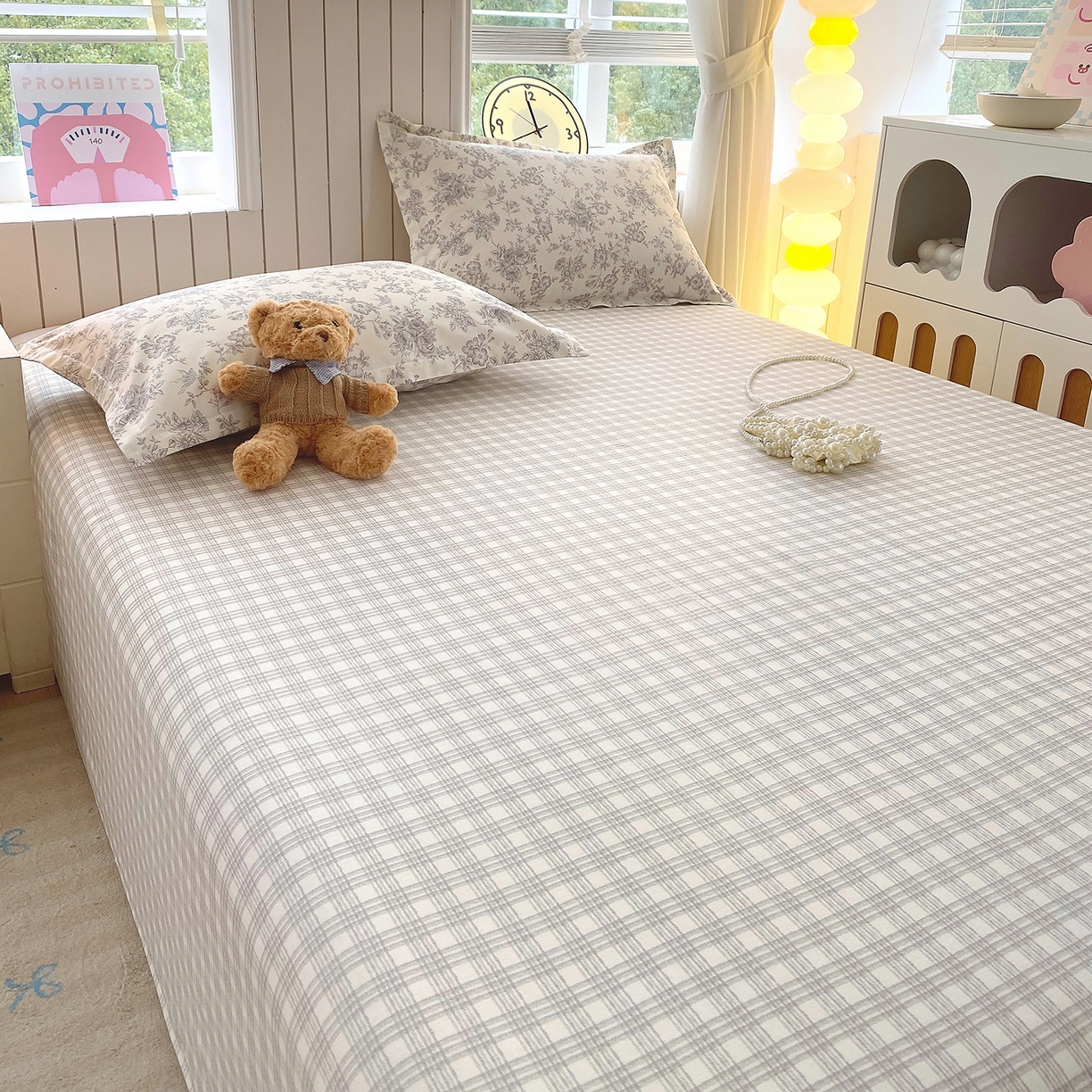 91家纺网 家纺一手货源 找家纺 金丝兔 2026新款纯棉印花单品床单系列 时尚灰格