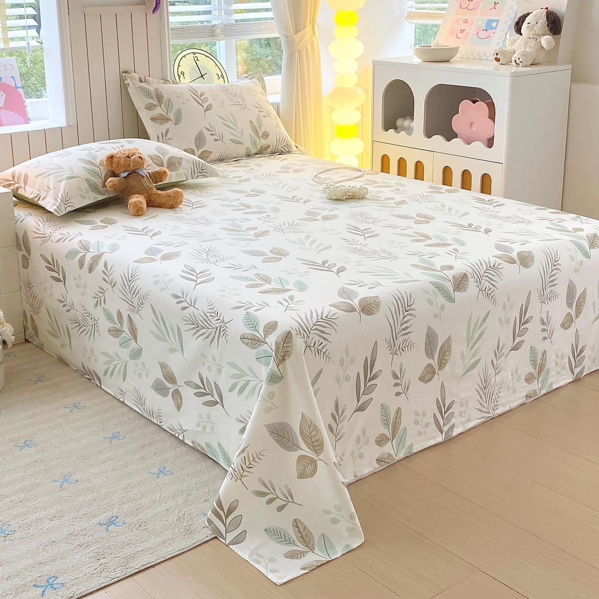 91家纺网 家纺一手货源 找家纺 金丝兔 2026新款纯棉印花单品床单系列 叶语-绿