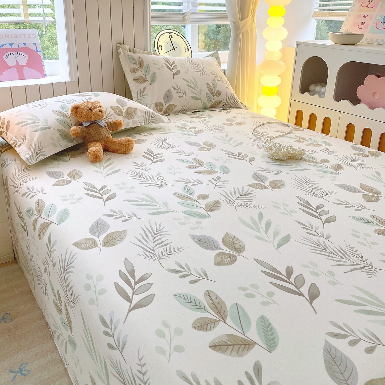 91家纺网 家纺一手货源 找家纺 金丝兔 2026新款纯棉印花单品床单系列 叶语-绿