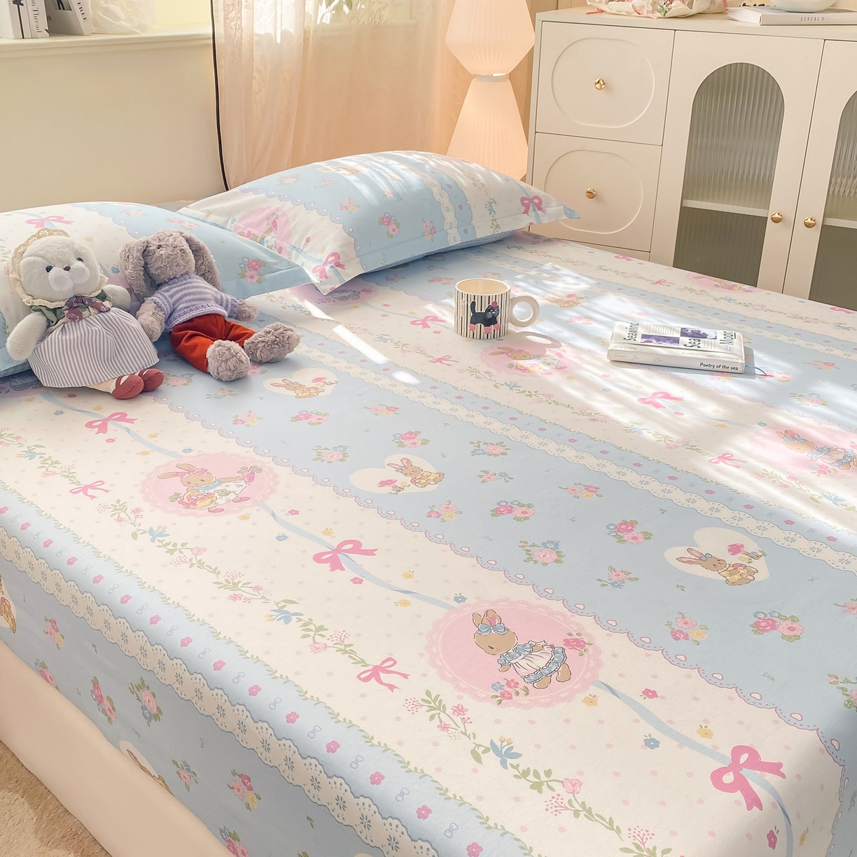 91家纺网 家纺一手货源 找家纺 花梦欣 2026新款全棉印花单品系列-单床笠 花丛兔兰