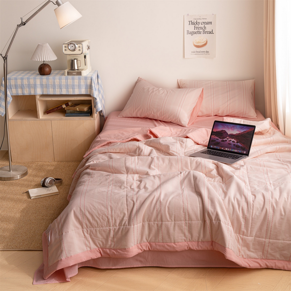 被窝家纺 2026新款米粒提花全棉水洗棉新疆棉花夏被夏凉被空调被四件套 米粒-淡粉