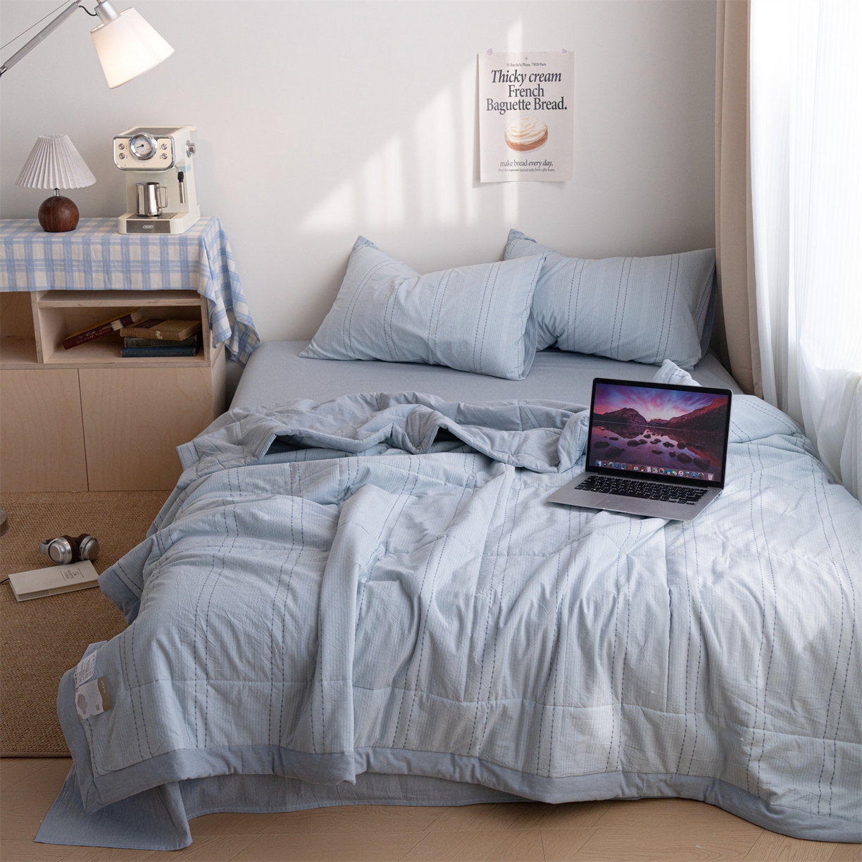 被窝家纺 2026新款米粒提花全棉水洗棉新疆棉花夏被夏凉被空调被四件套 米粒-天蓝