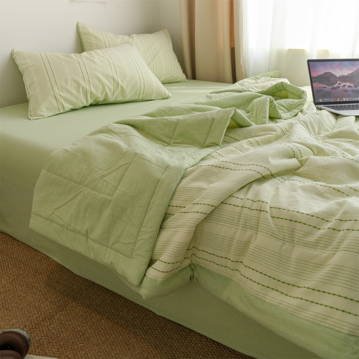 91家纺网 家纺一手货源 找家纺 被窝家纺 2026新款米粒提花全棉水洗棉新疆棉花夏被夏凉被空调被四件套 米粒-嫩绿