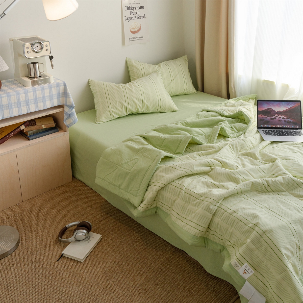 91家纺网 家纺一手货源 找家纺 被窝家纺 2026新款米粒提花全棉水洗棉新疆棉花夏被夏凉被空调被四件套 米粒-嫩绿