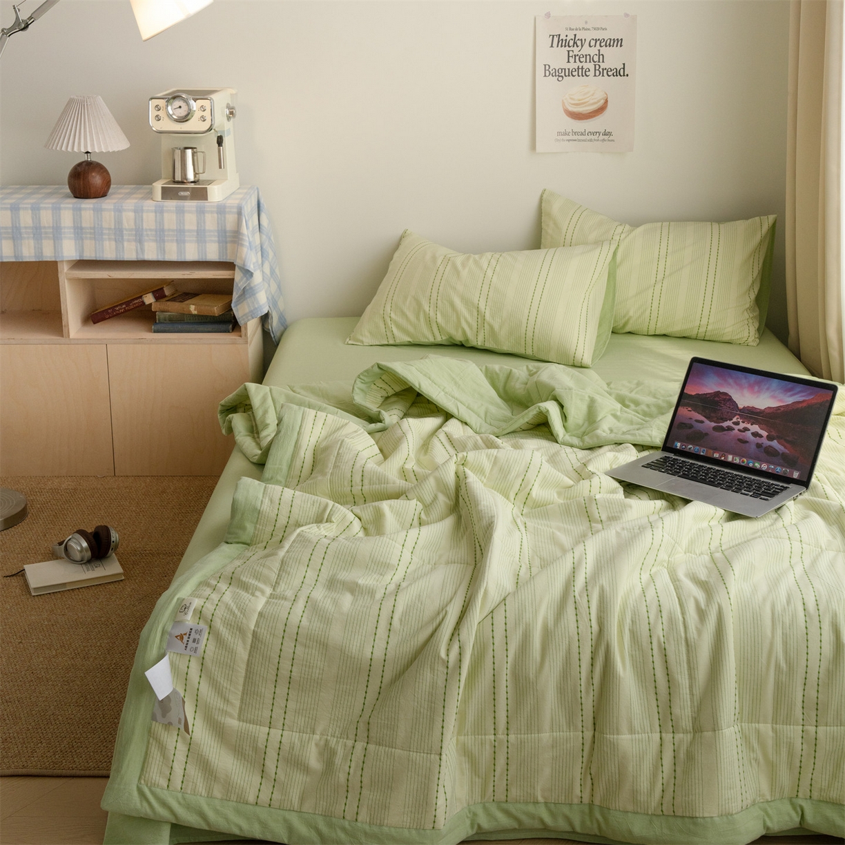 91家纺网 家纺一手货源 找家纺 被窝家纺 2026新款米粒提花全棉水洗棉新疆棉花夏被夏凉被空调被四件套 米粒-嫩绿