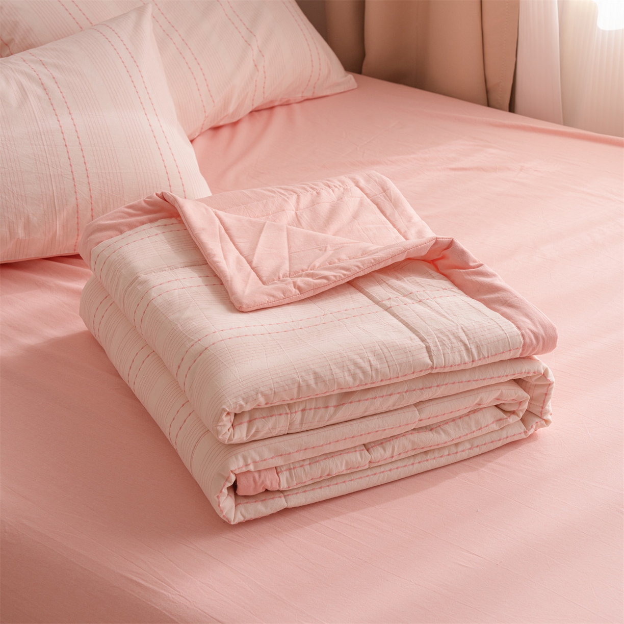 91家纺网 家纺一手货源 找家纺 被窝家纺 2026新款米粒提花全棉水洗棉新疆棉花夏被夏凉被空调被四件套 米粒-淡粉