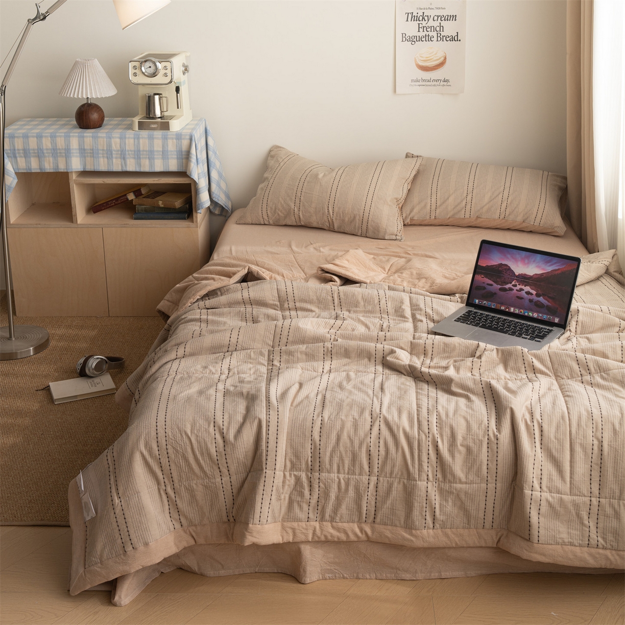 被窝家纺 2026新款米粒提花全棉水洗棉新疆棉花夏被夏凉被空调被四件套 米粒-卡其
