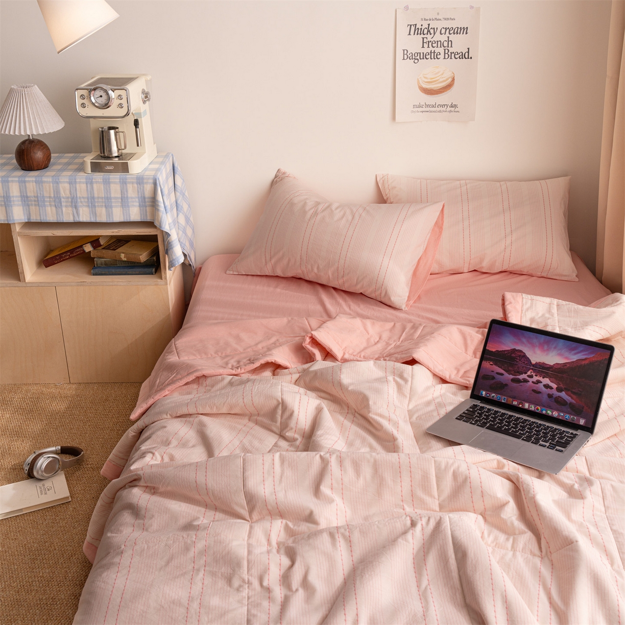 91家纺网 家纺一手货源 找家纺 被窝家纺 2026新款米粒提花全棉水洗棉新疆棉花夏被夏凉被空调被四件套 米粒-淡粉