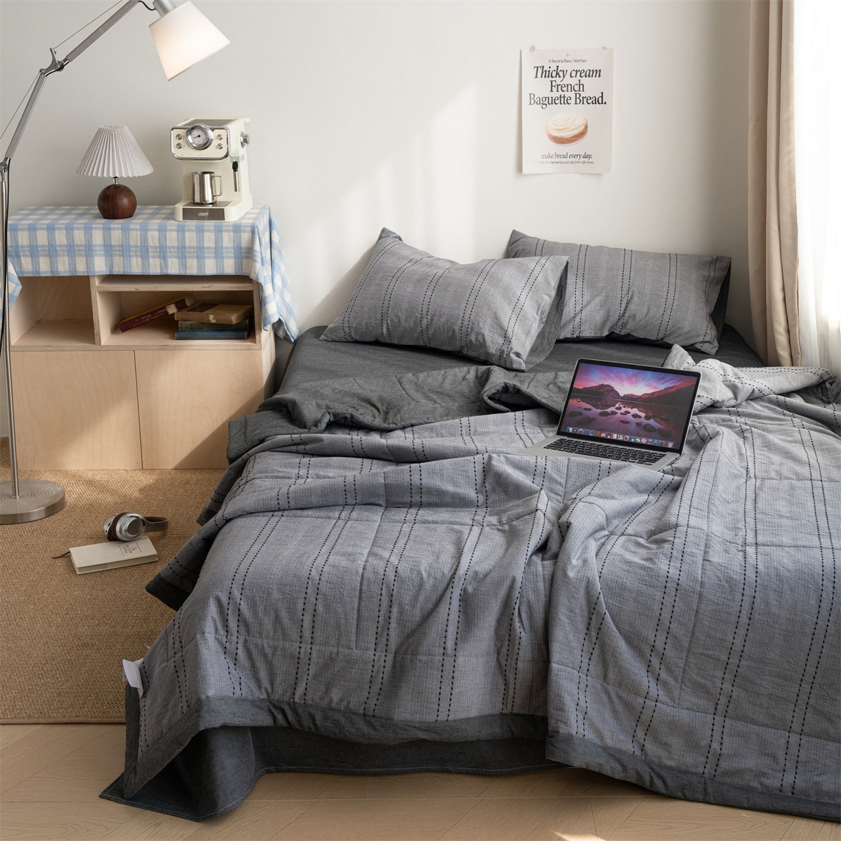 被窝家纺 2026新款米粒提花全棉水洗棉新疆棉花夏被夏凉被空调被四件套 米粒-炭灰