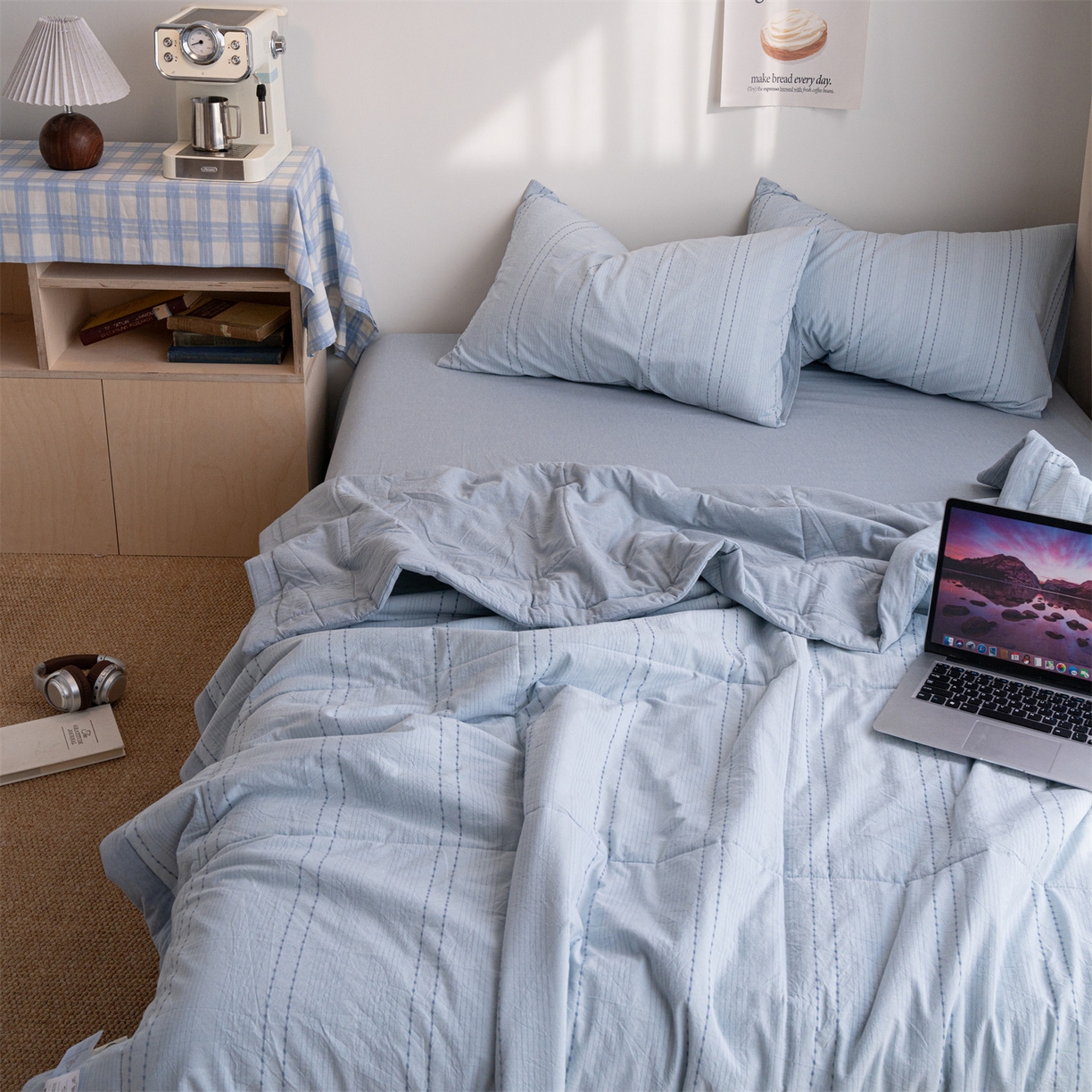 91家纺网 家纺一手货源 找家纺 被窝家纺 2026新款米粒提花全棉水洗棉新疆棉花夏被夏凉被空调被四件套 米粒-天蓝