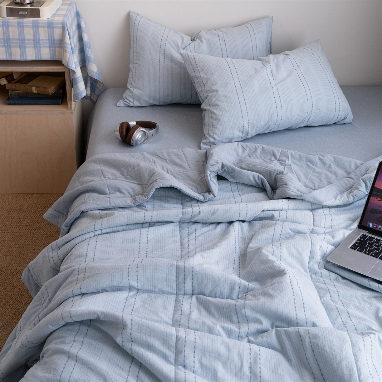 91家纺网 家纺一手货源 找家纺 被窝家纺 2026新款米粒提花全棉水洗棉新疆棉花夏被夏凉被空调被四件套 米粒-天蓝