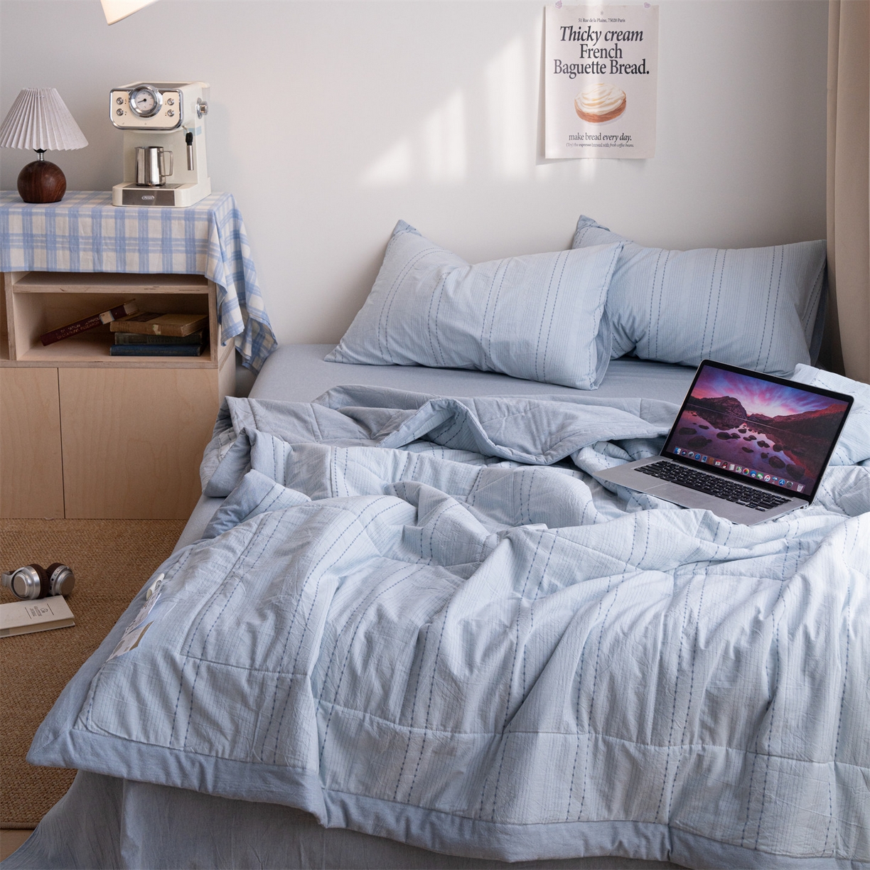 91家纺网 家纺一手货源 找家纺 被窝家纺 2026新款米粒提花全棉水洗棉新疆棉花夏被夏凉被空调被四件套 米粒-天蓝