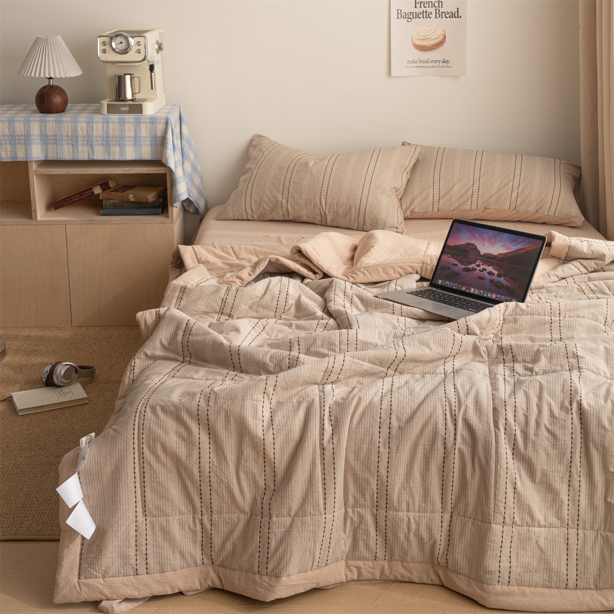 91家纺网 家纺一手货源 找家纺 被窝家纺 2026新款米粒提花全棉水洗棉新疆棉花夏被夏凉被空调被四件套 米粒-卡其