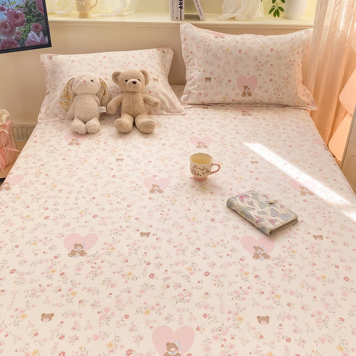 91家纺网 家纺一手货源 找家纺 花梦欣 2026新款全棉印花单品系列-单床笠 旧书折痕粉