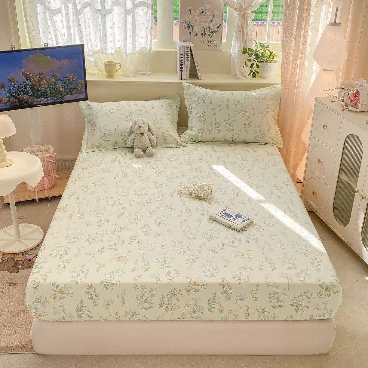 91家纺网 家纺一手货源 找家纺 花梦欣 2026新款全棉印花单品系列-单床笠 暖樱之舞