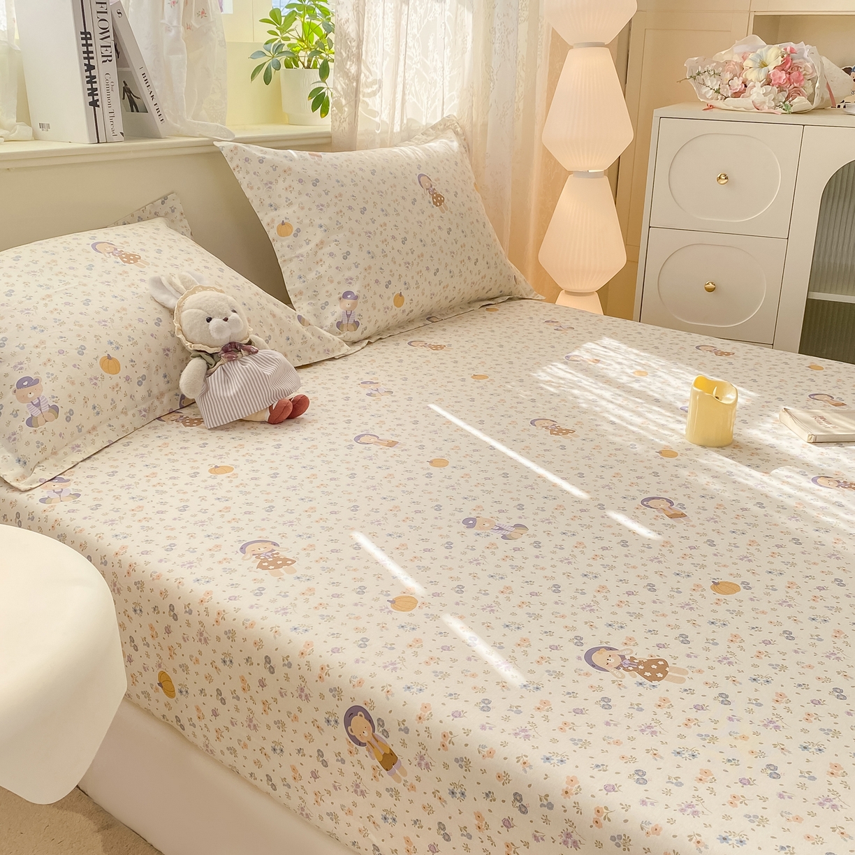 91家纺网 家纺一手货源 找家纺 花梦欣 2026新款全棉印花单品系列-单床笠 碎花兔熊