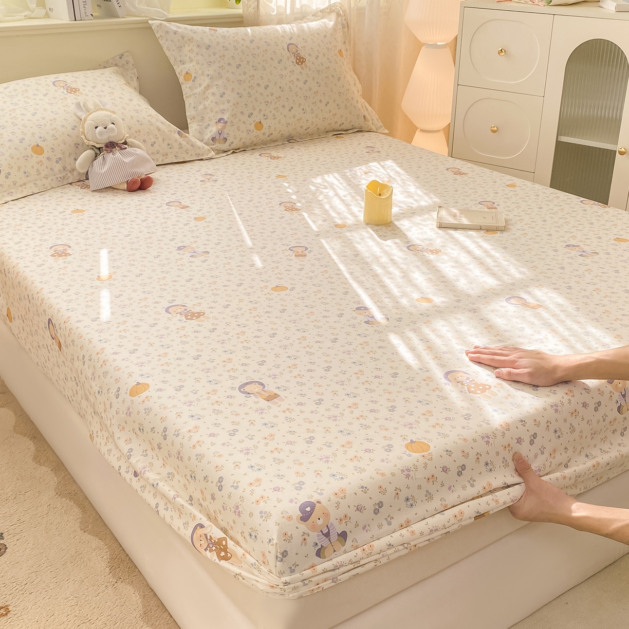 91家纺网 家纺一手货源 找家纺 花梦欣 2026新款全棉印花单品系列-单床笠 碎花兔熊