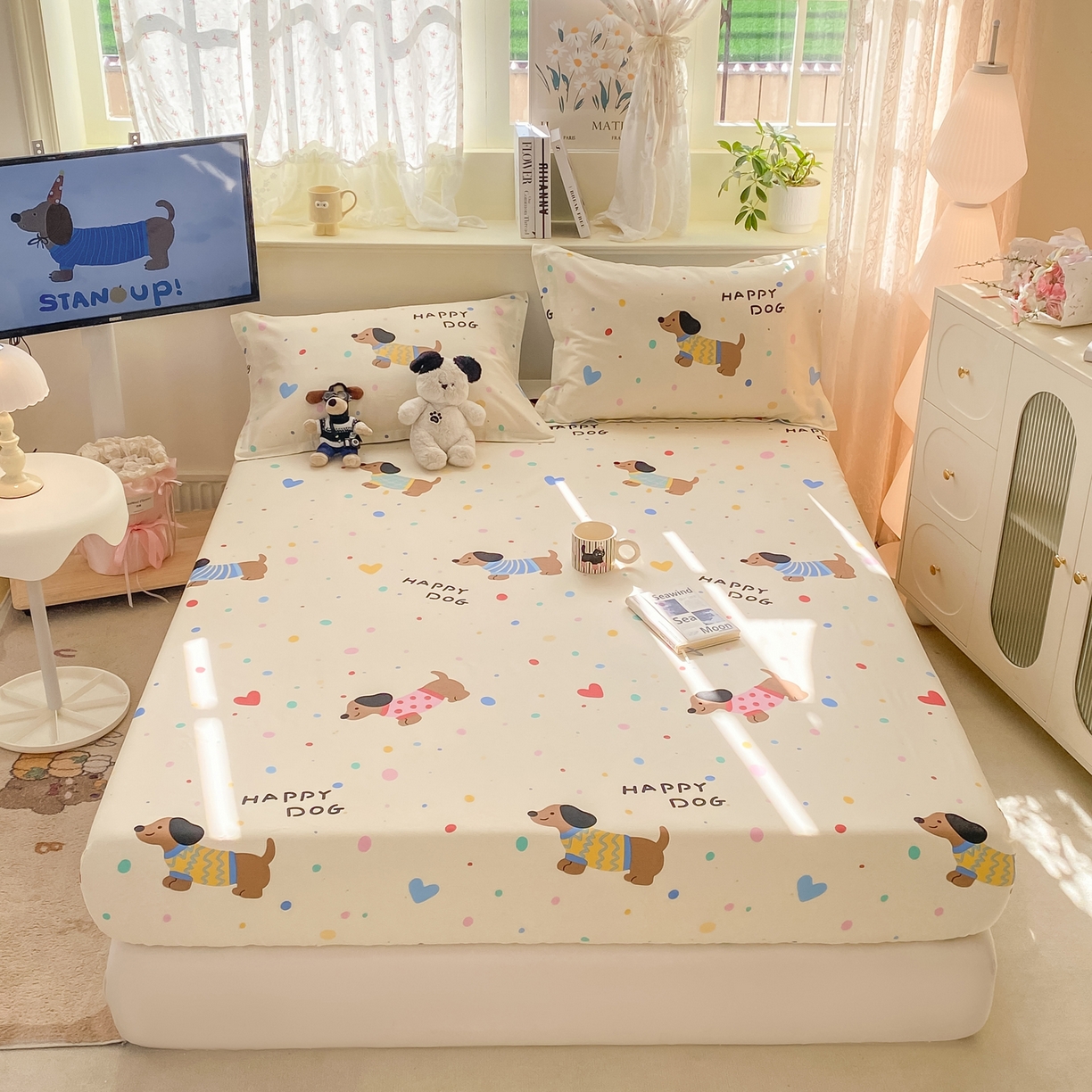 91家纺网 家纺一手货源 找家纺 花梦欣 2026新款全棉印花单品系列-单床笠 甜心汪星人