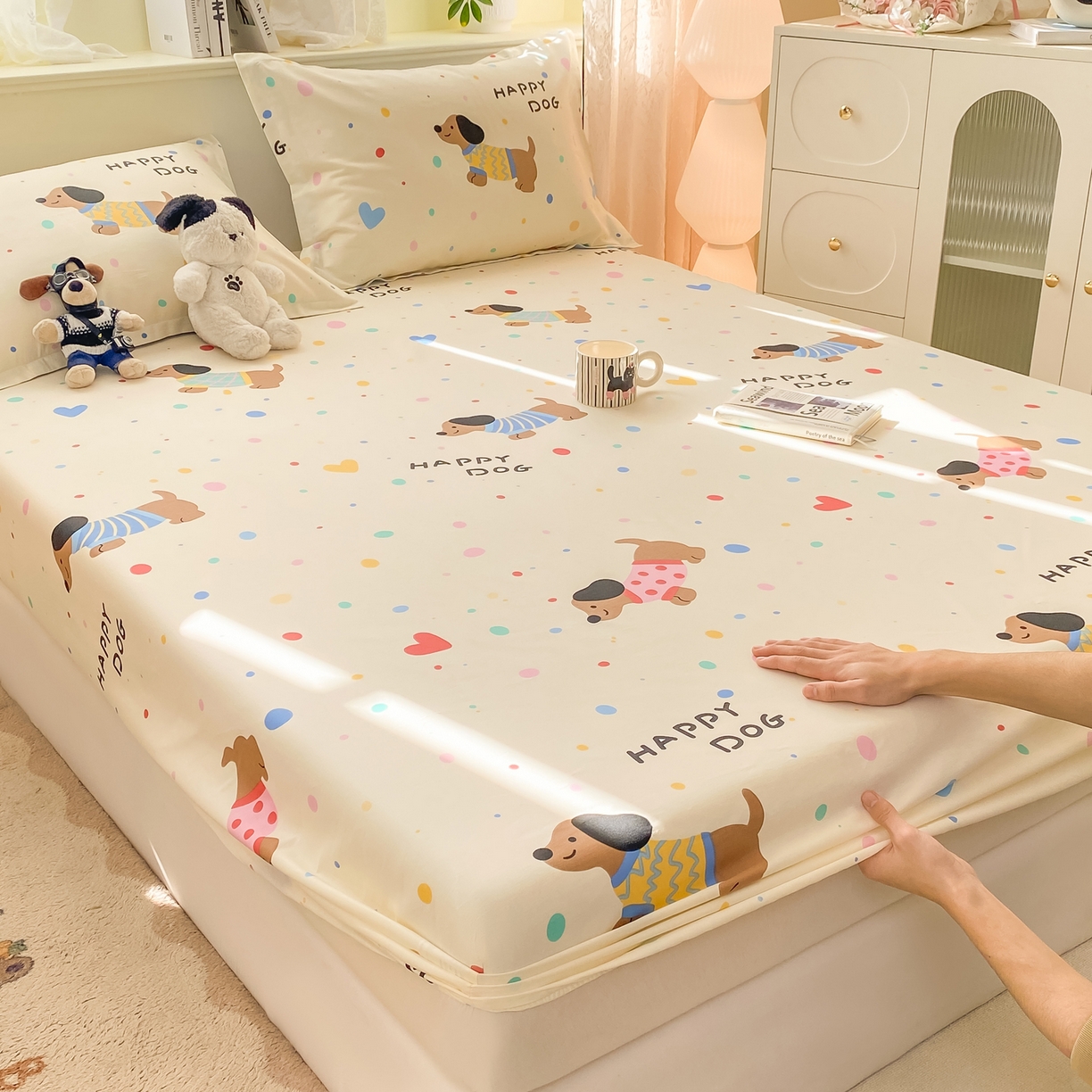 91家纺网 家纺一手货源 找家纺 花梦欣 2026新款全棉印花单品系列-单床笠 甜心汪星人