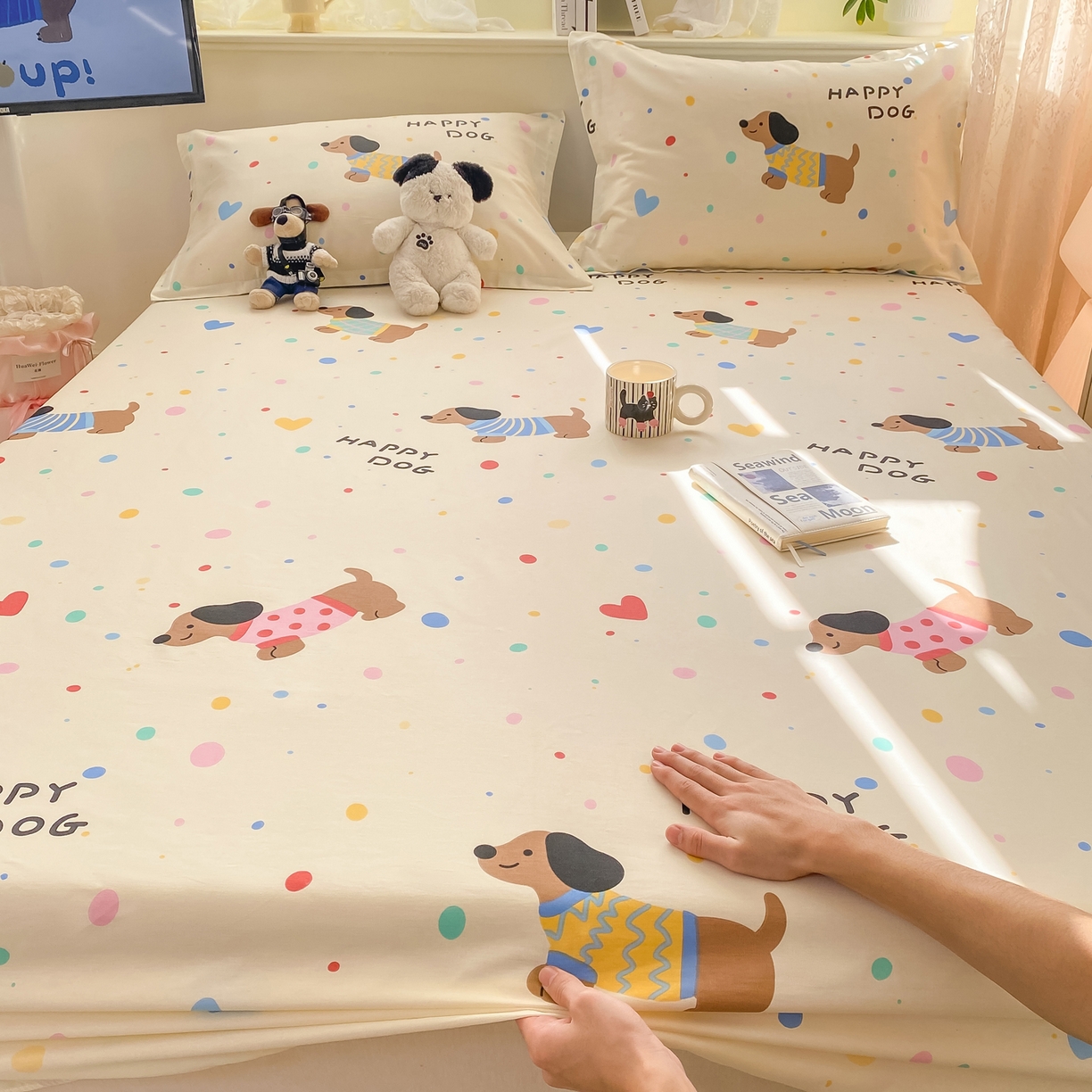 91家纺网 家纺一手货源 找家纺 花梦欣 2026新款全棉印花单品系列-单床笠 甜心汪星人