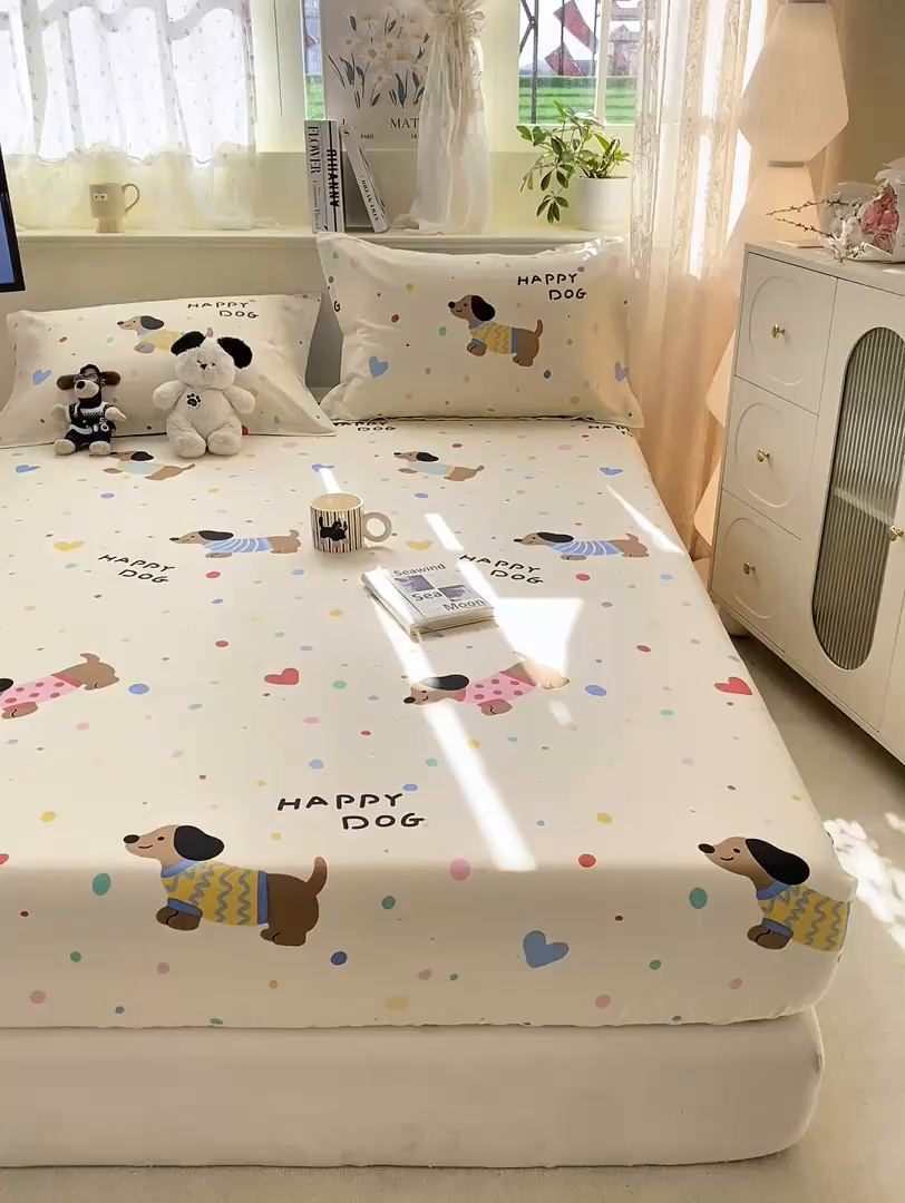 91家纺网 家纺一手货源 找家纺 花梦欣 2026新款全棉印花单品系列-单床笠 甜心汪星人