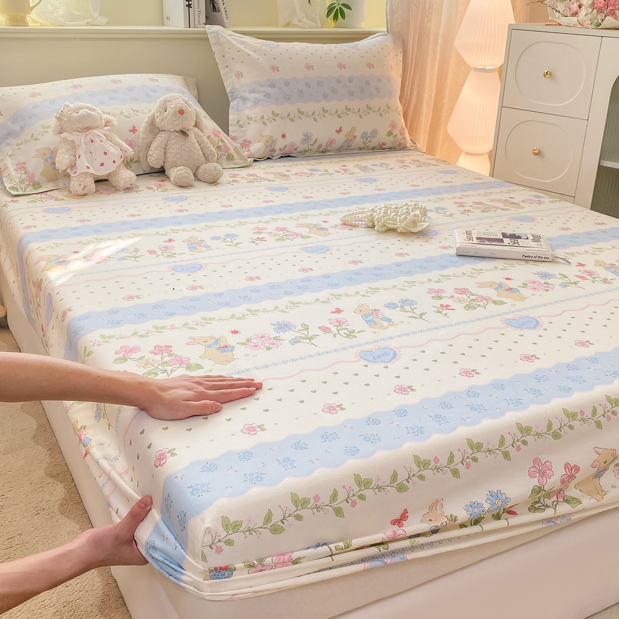 91家纺网 家纺一手货源 找家纺 花梦欣 2026新款全棉印花单品系列-单床笠 兔兔乐园