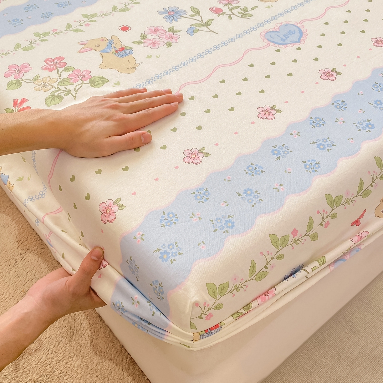 91家纺网 家纺一手货源 找家纺 花梦欣 2026新款全棉印花单品系列-单床笠 兔兔乐园