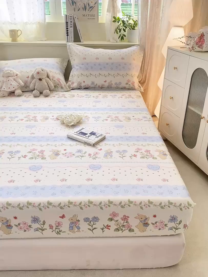 91家纺网 家纺一手货源 找家纺 花梦欣 2026新款全棉印花单品系列-单床笠 兔兔乐园