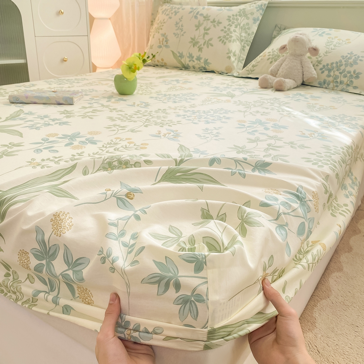 91家纺网 家纺一手货源 找家纺 花梦欣 2026新款全棉印花单品系列-单床笠 仙草