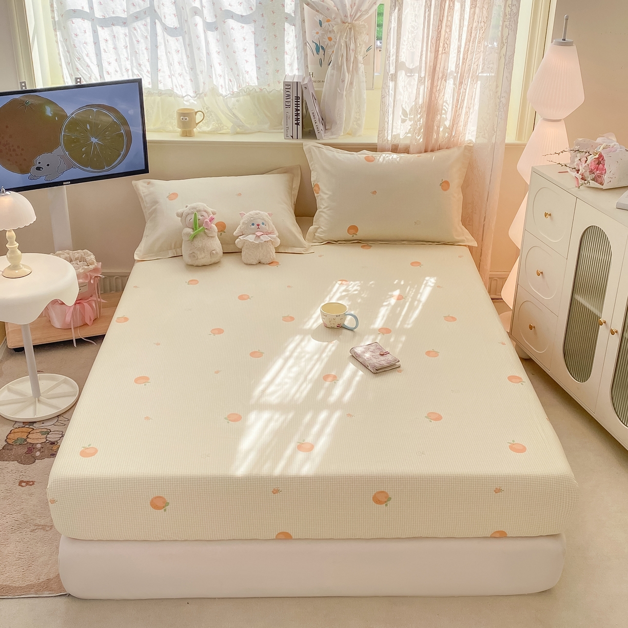 91家纺网 家纺一手货源 找家纺 花梦欣 2026新款全棉印花单品系列-单床笠 小橙橘