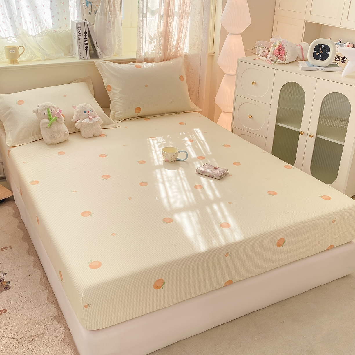 91家纺网 家纺一手货源 找家纺 花梦欣 2026新款全棉印花单品系列-单床笠 小橙橘