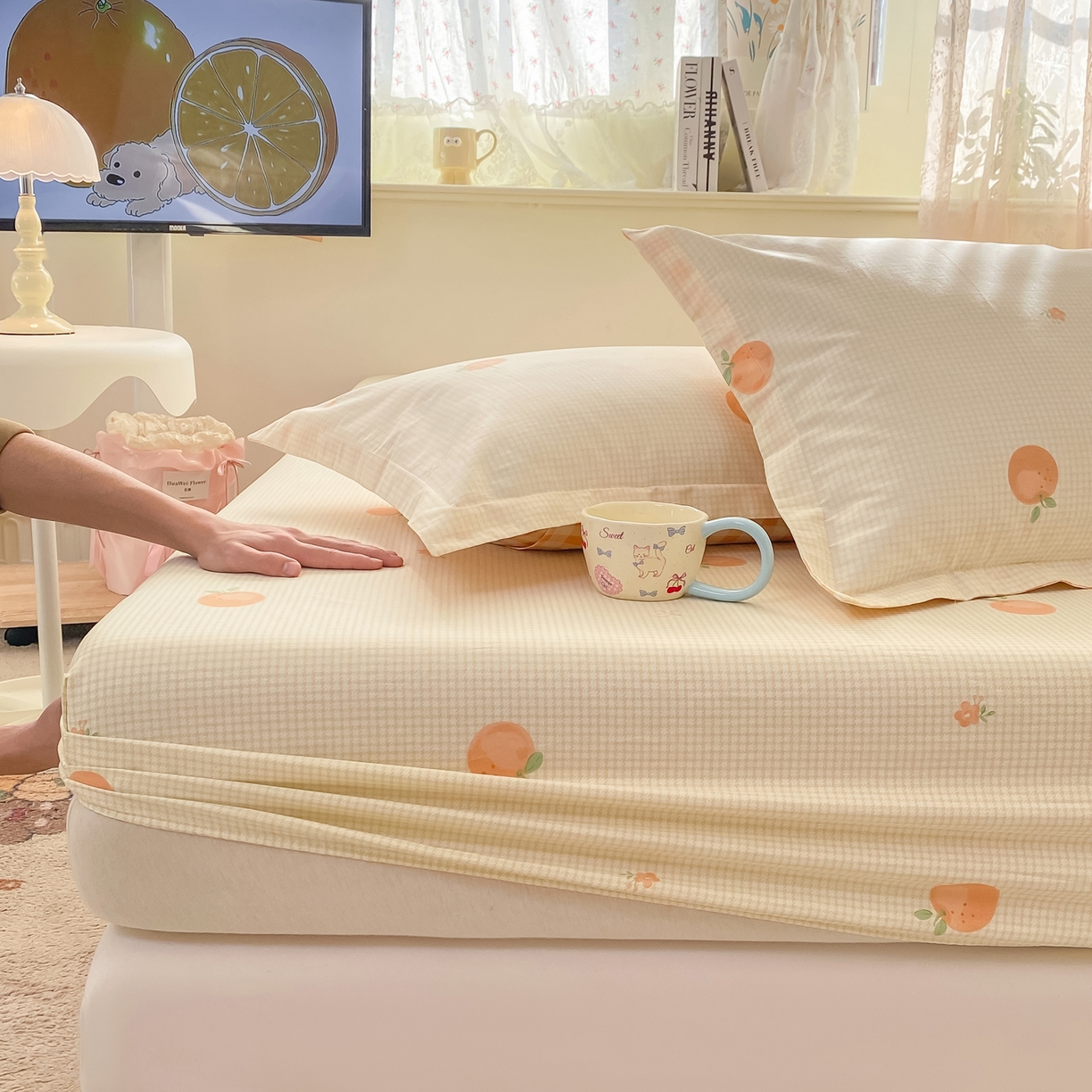 91家纺网 家纺一手货源 找家纺 花梦欣 2026新款全棉印花单品系列-单床笠 小橙橘