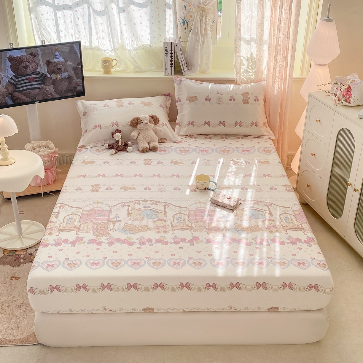 91家纺网 家纺一手货源 找家纺 花梦欣 2026新款全棉印花单品系列-单床笠 小熊安缦