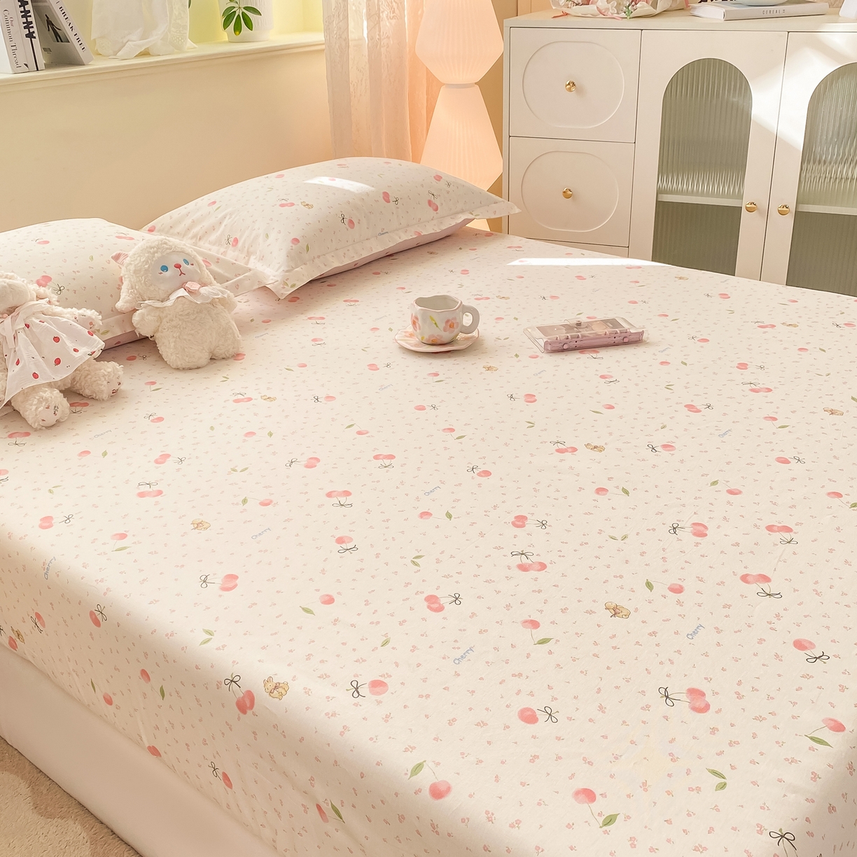 91家纺网 家纺一手货源 找家纺 花梦欣 2026新款全棉印花单品系列-单床笠 樱桃甜宠