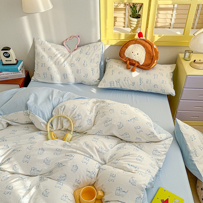 91家纺网 家纺一手货源 找家纺 云玲时尚 2026新款云感双层纱印花四件套 韩范小猫