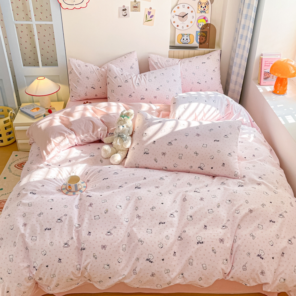 91家纺网 家纺一手货源 找家纺 云玲时尚 2026新款古法水洗仿棉云感纱四件套 爱心甜猫